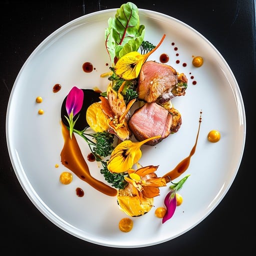 Artfully plated gourmet dish with edible flowers